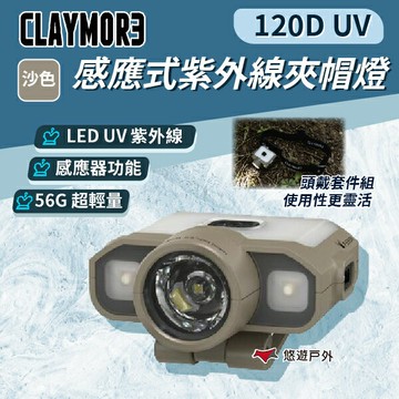 【CLAYMORE】120D UV 感應式紫外線夾帽燈 沙色 UV紫外線模式 輕量好攜 釣魚 登山 野炊 露營 悠遊戶外