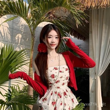 【臺灣出貨】🍋小衆複古碎花抹胸背心上衣女疊穿春季紅色開衫外套法式氣質兩件套