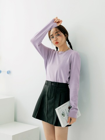 多色素面圓領細針織長袖上衣