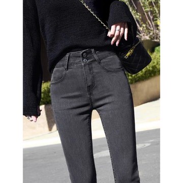 煙灰色高腰牛仔褲女2025年春秋新款彈力修身緊身小腳加絨靴褲顯瘦