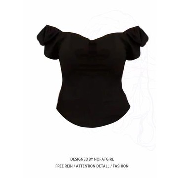 大碼胖妹妹高級感法式束身抹胸短袖t恤女夏季顯瘦露肩辣妹上衣潮