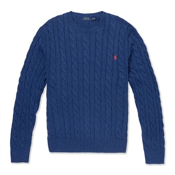 Polo Ralph Lauren RL 熱銷圓領刺繡小馬麻花針織毛衣-深藍色