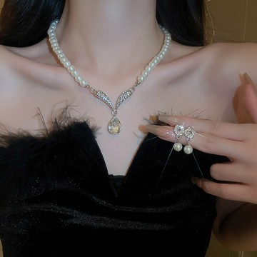 個性化珠子項鍊耳環套裝女士時尚簡約時尚閃亮項鍊