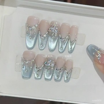 ➕純色美美噠💯【星穹冠冕·藍眼淚】純手工穿戴甲輕奢滿鑽高級感爆閃貓眼美甲貼純色穿戴甲 WOHQ