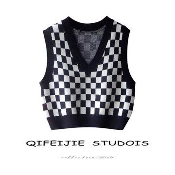 復古洋氣黑白棋盤格子針織背心女秋冬小馬甲短款V領疊穿無袖上衣