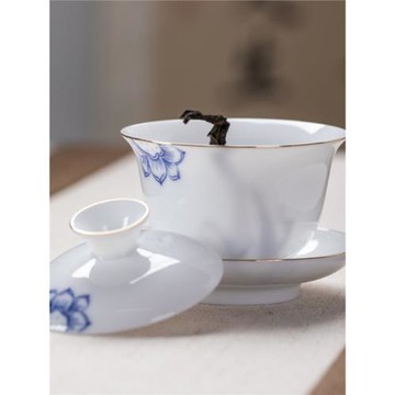 薄胎三才蓋碗青花瓷白玉瓷功夫茶具茶碗單個荷花中式家用泡茶茶備
