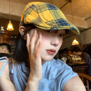 【限時特賣】帽子女 女生帽子 多巴胺復古格紋前進帽女春秋款大頭圍反戴貝雷帽顯臉小報童帽子潮