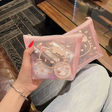 臺灣出貨💥可愛ins化妝收納旅遊便攜方形網紗刺繡高顏值收納口紅零錢包