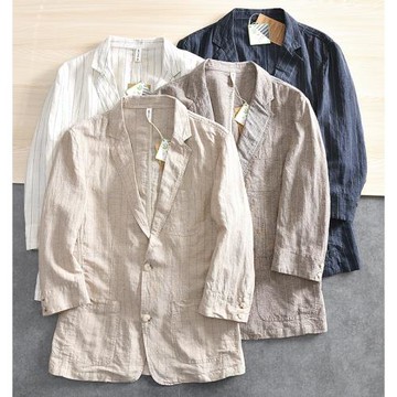 舒適涼爽抗菌！55亞麻+45棉！外貿男士春季棉麻條紋休閑西服外套