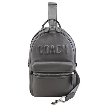 COACH 立體英字LOGO荔枝紋皮革單肩後背包/胸口包(灰)