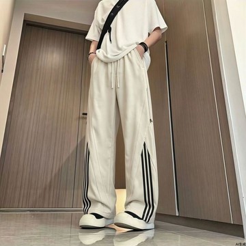 美式休閒褲男夏季拉鍊拼接直筒寬鬆條紋鬆弛感工裝褲運動闊腿長褲美式工裝褲 多口袋 工裝褲 韓版褲子 寬鬆褲 束腳褲 工裝長