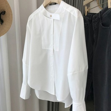 【巴黎精品】現貨+預購 襯衫長袖上衣-拼接縷空前短後長女裝2色a1ge47