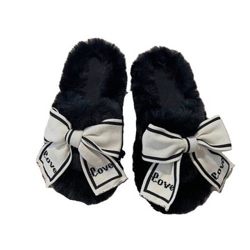新款毛毛拖鞋女外穿韓版黑色秋冬網紅蝴蝶結厚底露趾毛茸茸棉鞋