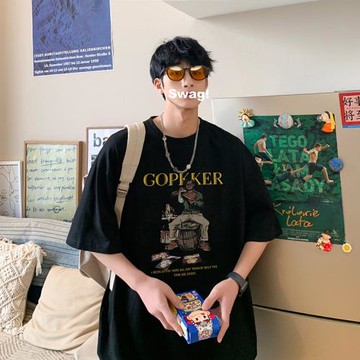 重磅美式印花短袖t恤男夏季潮牌寬松圓領半袖帥氣嘻哈高街體恤衫