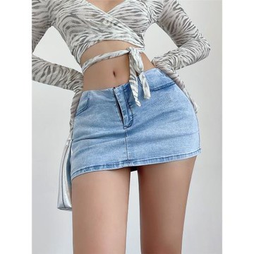 liviahome歐美無腰頭低腰超短裙防走光彈力緊身牛仔半身裙A字裙女