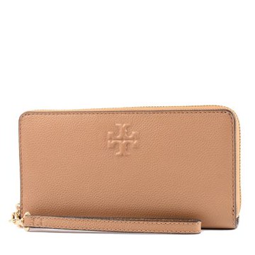 TORY BURCH THEA 浮雕LOGO荔枝紋拉鍊長夾-提拉米蘇棕/附活動卡夾