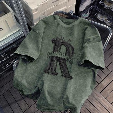 特大碼300斤水洗做舊綠色短袖T恤男女裝夏季美式潮牌小眾情侶上衣