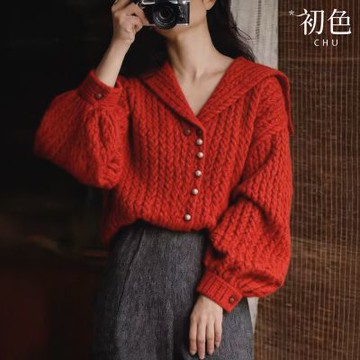 初色 復古休閒寬鬆鈕扣針織海軍領長袖燈籠袖毛衣上衣女上衣-紅色-17574(F可選)