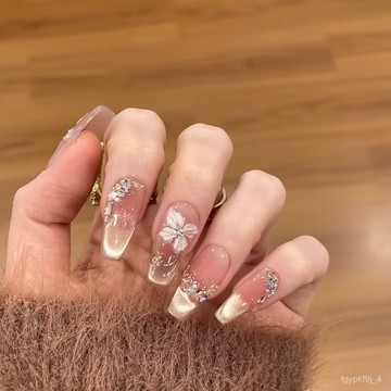 🎀純手工穿戴甲🎀（鋯石版）手工拆卸式花瓣貓眼腮紅美甲 純手工穿戴甲假指甲貼片新年美甲貼片高級感穿戴甲顯白美甲片 DLWK