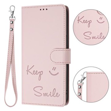 英文笑臉翻蓋卡包適用三星a56手機殼a15/a16/a35/a36手繩a53/a54/a55插卡皮套a14/a34保護套a23/a33防摔a71