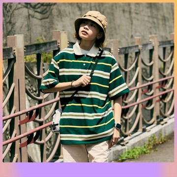【CLAN】 寬版條紋Polo衫 日系復古 cityboy oversize 短袖 男生女生 橫條紋上衣
