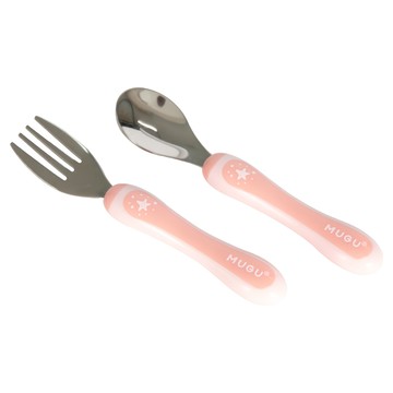 MUGU 沐咕寶貝 304不鏽鋼幼兒湯叉組 握把墊高設計 食品級安全材質 人體工學設計 適用於洗碗機  湯匙 + 叉子  櫻花粉  1組
