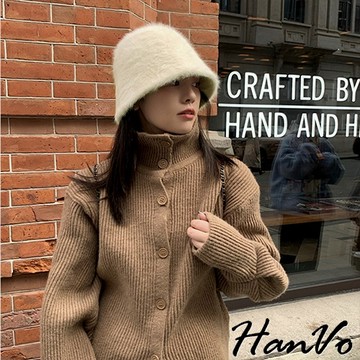 【HanVo】復古短毛水桶帽 日韓系休閒百搭兔毛帽 秋冬保暖配件 女生配件 C01-8147