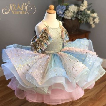欣入荷短款星星兒童主持禮服演出服公主裙七彩走秀女童蓬蓬小女孩