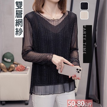 圓領網紗拼接條紋亮絲上衣(2色) L-4XL【822458X】【現+預】☆流行前線☆