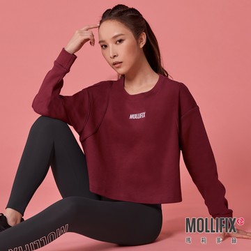 Mollifix 瑪莉菲絲 圓領短版鑲邊長袖上衣 (酒紅) 暢貨出清