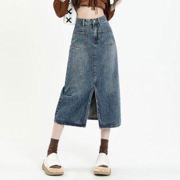 高腰開叉牛仔半身裙女2026年中長款梨型身材遮胯a字小個子包臀裙
