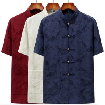 夏季唐裝上衣男士中老年爸爸短袖薄款棉麻寬松襯衣祝壽中國風禮服