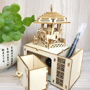 科技制作材料包手工diy木質拼裝八音盒生日禮物旋轉木馬筆筒擺件
