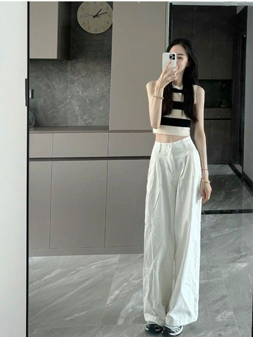 無袖甜美清新學院夏季新款純色褲套裝 小個子鹽系穿搭條紋背心闊腿褲時尚減齡兩件套裝潮流時尚休閑套裝
