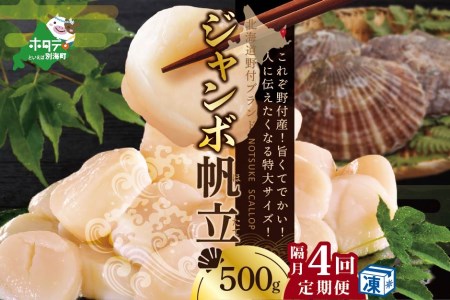  北海道 野付産 漁協直送 冷凍ホタテ 貝柱 ジャンボホタテ500g×4回（ ほたて ホタテ 帆立 貝柱 定期便 北海道 野付 人気 ふるさと納税 ）