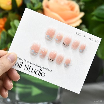 ✨Hannah✨甜美可愛法式貓咪穿戴甲片裸色冰透蝴蝶結愛心塗鴉指甲片純手工穿戴甲 JVBT