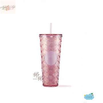 馬克杯 玻璃杯 水杯 週年系列海洋漸變魚鱗人魚尾幻彩粉浮雕吸管隨行玻璃馬克杯