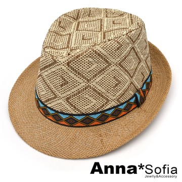 AnnaSofia 原住菱層圖騰 紳士帽爵士帽禮帽草帽(杏系)
