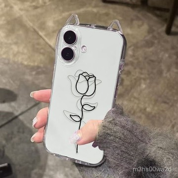 貓耳朵黑綫條玫瑰 防摔 保護殼 蘋果iphone78p xr i11 i12 13 14 15 16 promax手機殼