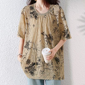 麗質達人 - 9952棕色蕾絲印花上衣-LY