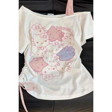 本土出貨 可愛kitty貓咪印花蝴蝶結一字短袖t恤女夏季修身露肩不規則小上衣TL44@1 R