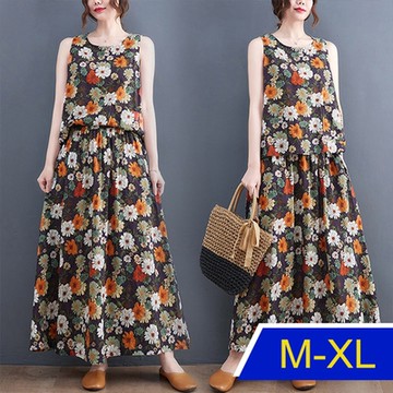 [韓國K.W.]韓國專櫃亞麻背心花朵飄逸套裝(涼感/外出套裝/短袖)