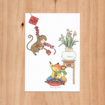 小狐與節日 Happy New Year 水彩插書明信片