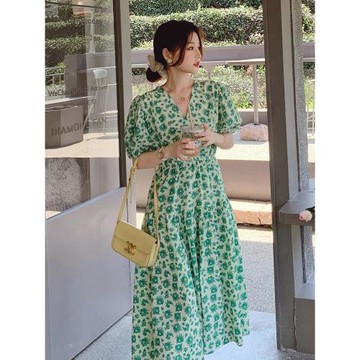 茶歇法式綠色碎花雪紡連衣裙女夏2025新款仙女絕美長裙子超仙森系