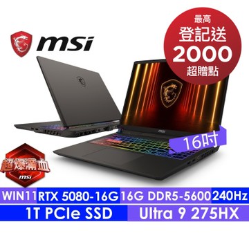 MSI微星 Vector 16 HX AI A2XWIG-014TW 240Hz 16吋電競筆電(Ultra 9 275HX/16G/1T SSD/RTX5080-16G/Win11)