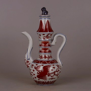 大明宣德年梵紅手繪鳳紋狗頭壺 仿古舊貨做舊瓷器古玩古董擺件品
