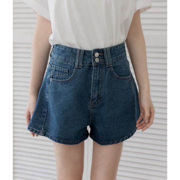 【初夏新品】HS 高腰A字牛仔短褲 藍色