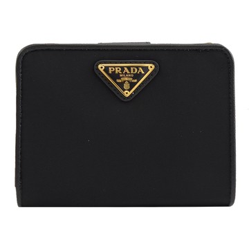 PRADA 1ML018 三角LOGO尼龍皮飾邊釦式短夾.黑/金