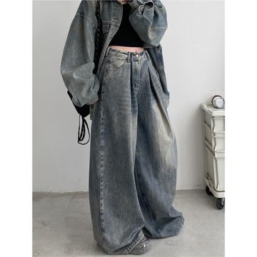 sun柚 春秋復古做舊寬松oversize牛仔外套重工洗水兩件套裝牛仔褲