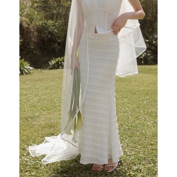 AIR SPACE LADY 蕾絲織紋鬆緊長裙(白/藍) 女裝 現貨